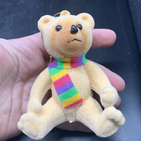 Vintage Blow Mold Flocked Teddy Bear w Rainbow Scarf Christmas Ornament - Picture 6 of 7
